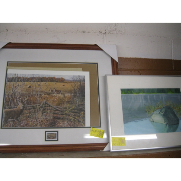 FRAMED PRINT OF WHITETAIL DEER W/MATCHING STAMP & ORIGINAL OF THE ROCK IN LAKE