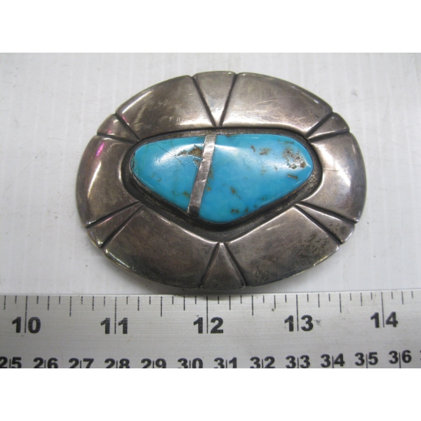 NAVAJO SILVER BELT BUCKLE W/TURQUOISE STONE