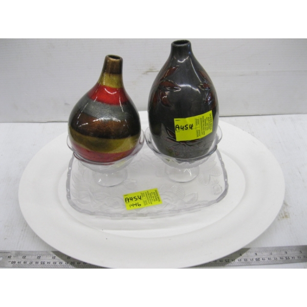 LG. PLATTER, GLASS DISHES & 2 VASES