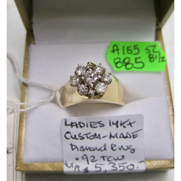  LADIES 14KT CUSTOM MADE DIAMOND RING .92TCW, SZ 8 1/2 W/A $5,350