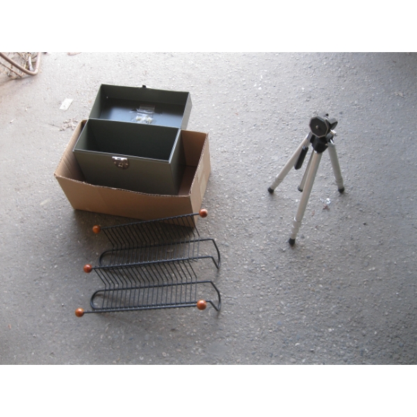 BOX W/ASST. TRIPOD, CD HOLDERS, ETC.