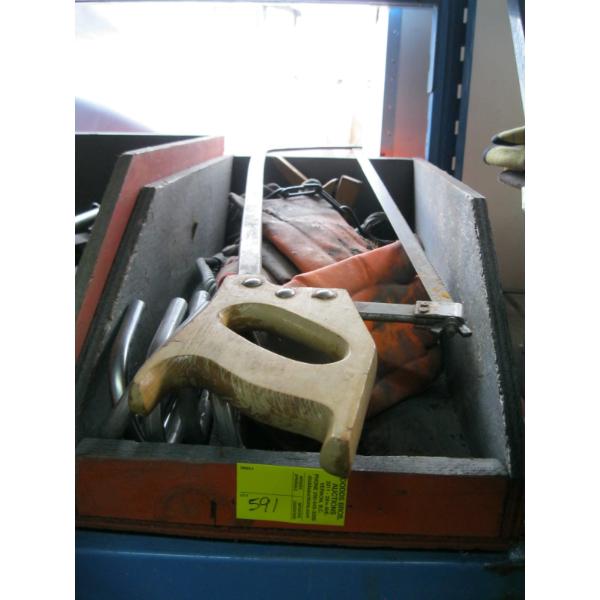 BIN W/ASST. MEAT SAW, MEAT HOOKS, ETC.