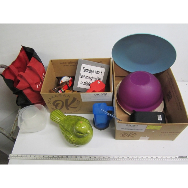 2 BOXES OF MISC. FLASHLIGHT, PLASTICWARE, POTTERY BIRD, ETC.