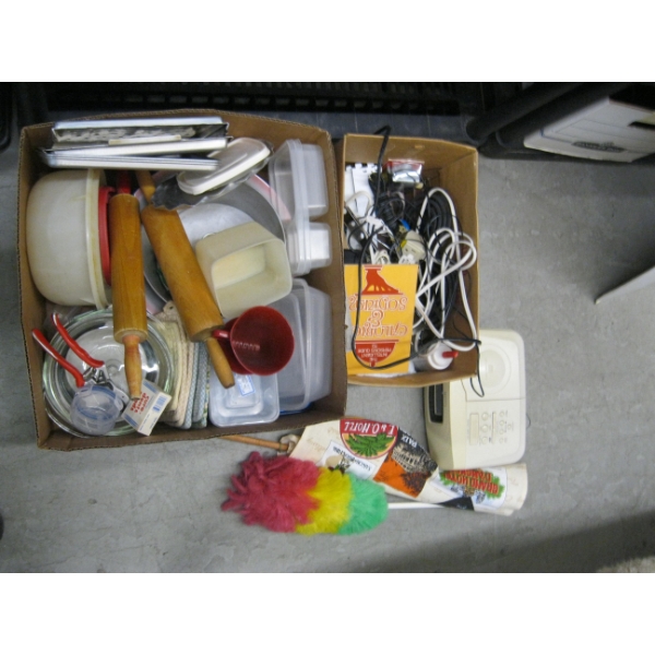 BOX OF MISC. ROLLING PINS, TUPPERWARE BOWLS, ELECTRICAL CORDS, DUSTER, ETC.