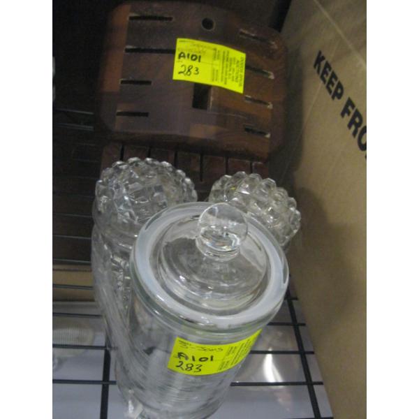 3 GLASS CANNISTERS & A KNIFE HOLDER