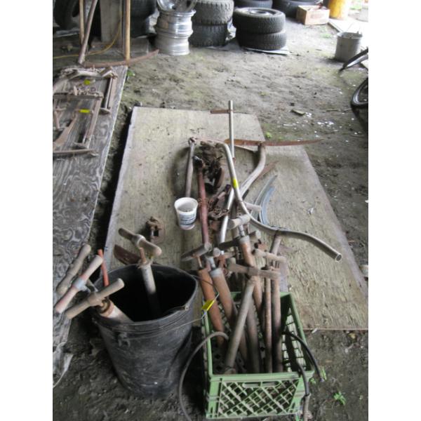 2 ALUMINUM HANDLE SCYTHES, WOODEN SCYTHES, PIPE CUTTER, VINTAGE BIKE PUMPS