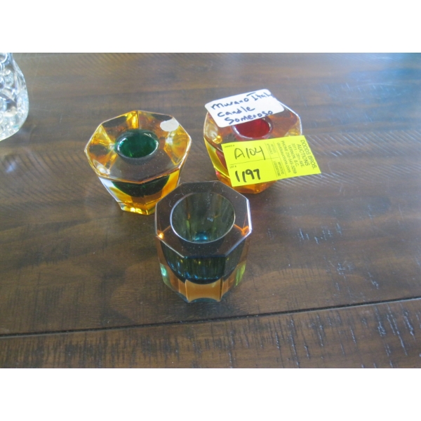 3 PIECES OF MCM MURANO ITALY GLASS CANDLEHOLDERS