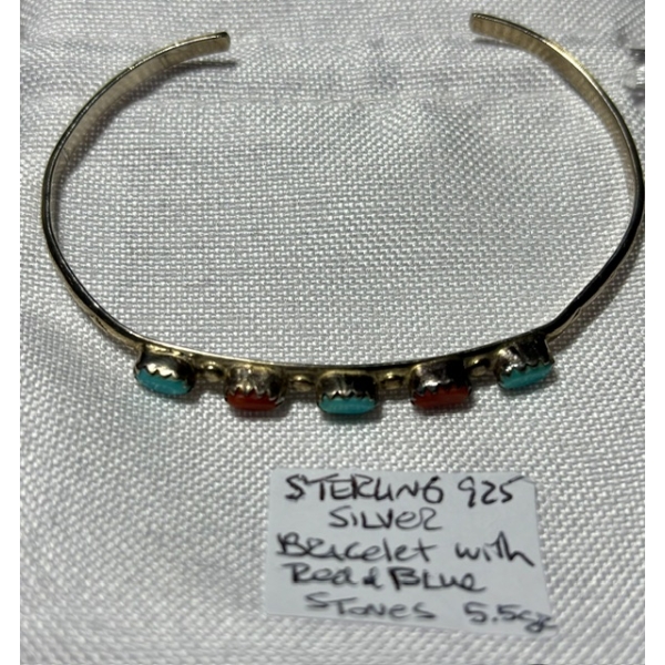 STERLING SILVER .925 BRACELET W/RED & BLUE STONES, 5.5G