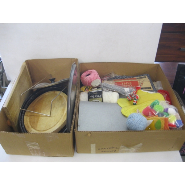 2 BOXES OF MISC. CUTTING BOARDS, WOOL, CRAFTING ITEMS, ETC.