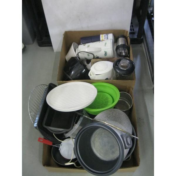 2 BOXES OF MISC. POTS, PANS, BLENDER, ELECTRIC GRILL, ETC.