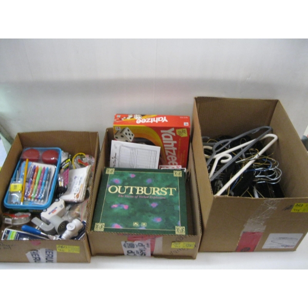 3 BOXES OF MISC. OFFICE SUPPLIES, GAMES, HANGERS, ETC.