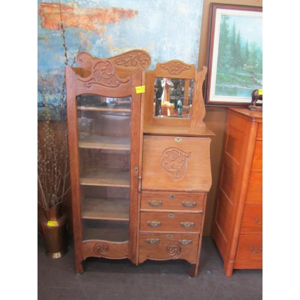 OAK SIDE BY SIDE SECRETARIAT DESK & BOOKCASE W/DROP FRONT