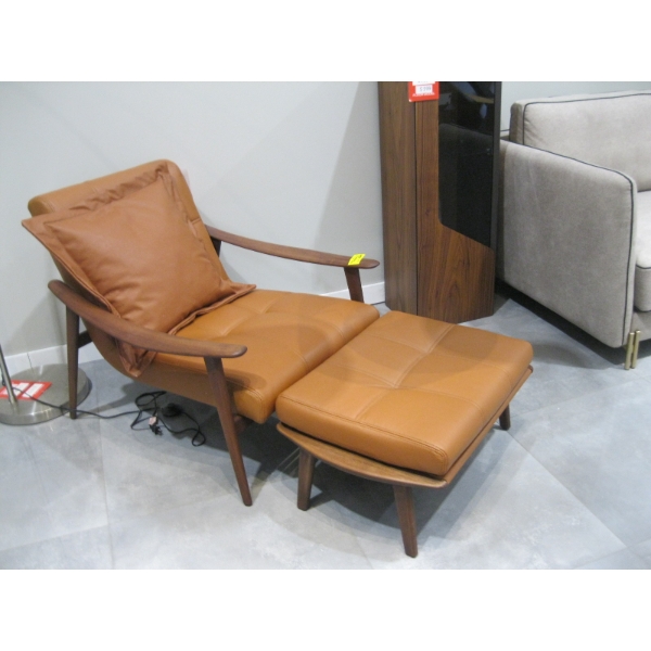 WOOD FRAMED LEATHER CHAIR & FOOTSTOOL
