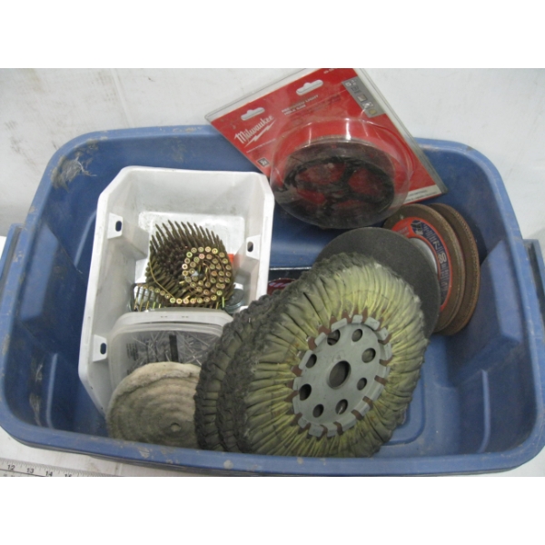 BIN OF MISC. NEW RECESSED LIGHT HOLE SAW, GRINDING DISC, NAILS, ETC.