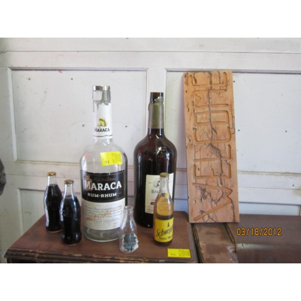 2 TEXAS MICKEYS & 2 VINTAGE COKE BOTTLES, SCHWEPPES BOTTLE, ETC.