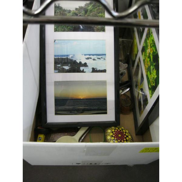 BOX OF MISC: FRAMED PHOTOS, CANDLE HOLDERS, UTENSILS, BOOK, ETC.