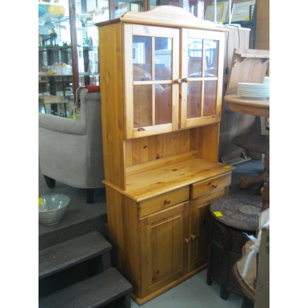 PINE GLASS DOOR CABINET W/LOWER STORAGE & DRAWERS