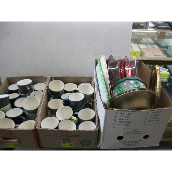 2 BOXES OF ASST. IKEA MUGS & BOX OF PLASTIC SERVING DISHES, ETC.