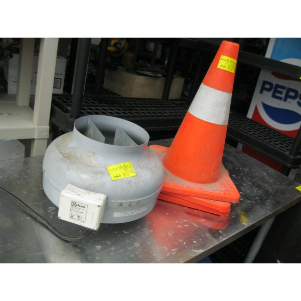 3 SAFETY CONES & A INLINE FAN