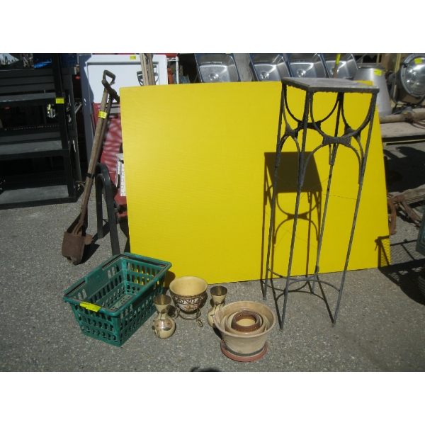 LOT OF ASST'D PLANTERS, PLANT STAND, ETC.