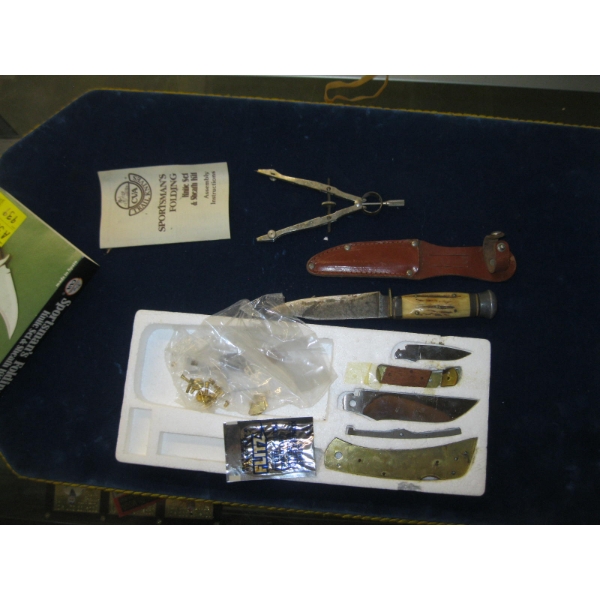 SPORTSMAN FOLDING KNIFE & SHEATH SET & A BONE HANDLED KNIFE W/SHEATH