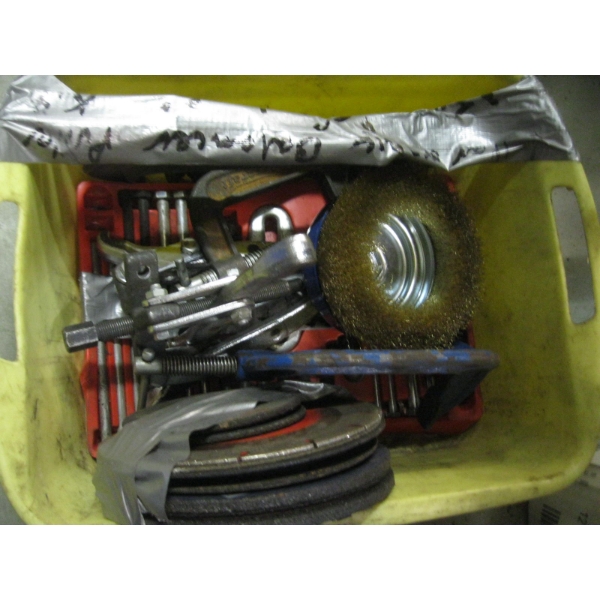 BIN W/ASST. CUTOFF BLADES, PULLER CLAMPS, ETC.