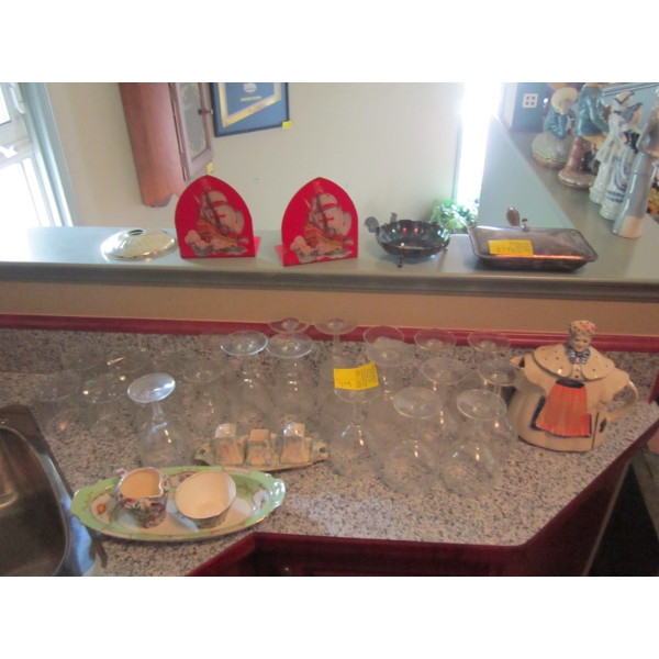 MISC. TEAPOT, CREAM & SUGAR, WINEGLASSES, BOOKENDS, ETC.