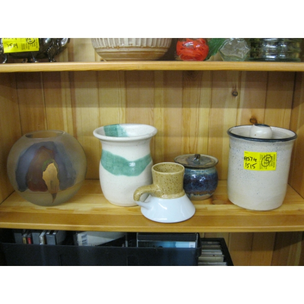 POTTERY & GLASS VASES, LIDDED POTS, ETC.