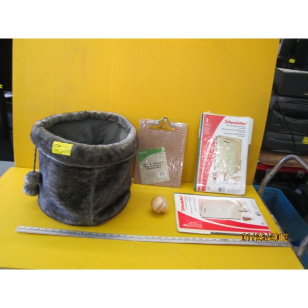 FURRY LOOK BASKET W/CLIPBOARD & FILE FOLDERS, ETC.