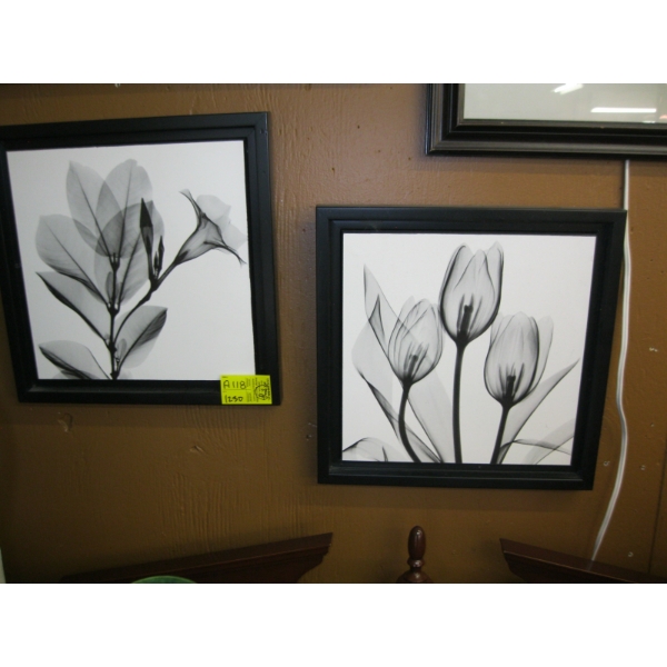 2 FRAMED BLACK & WHITE FLORAL PICTURES
