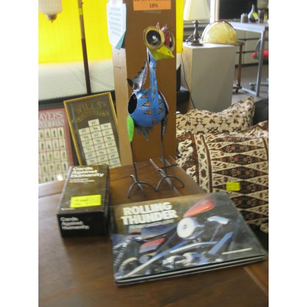 DECORATIVE METAL BIRD, MOTORCYCLE BOOK & A PARTY GAME