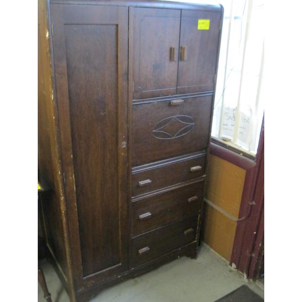 ANTIQUE CABINET W/WARDROBE SIDE DROP DOWN WRITING DESK, ETC.