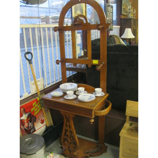 WOODEN HALL STAND W/MIRROR