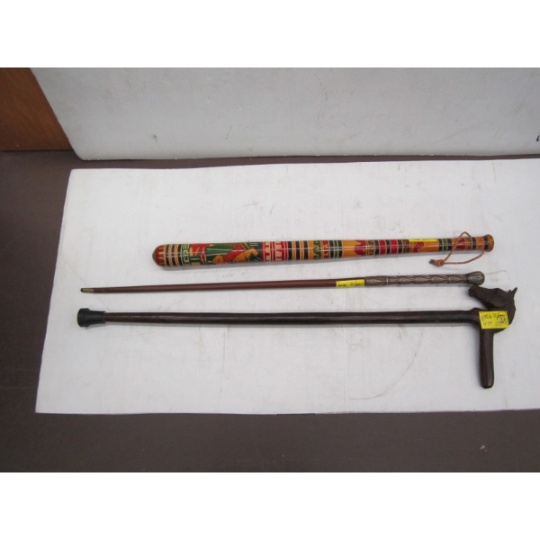 DECORATIVE PAINTED BAT & 2 CANES