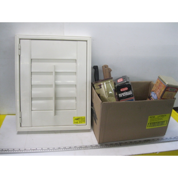 FRAMED WINDOW BLIND?? & BOX OF MISC. KNIVES, ASHTRAY, TINS, ETC.