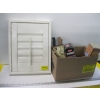 Image 1 : FRAMED WINDOW BLIND?? & BOX OF MISC. KNIVES, ASHTRAY, TINS, ETC.