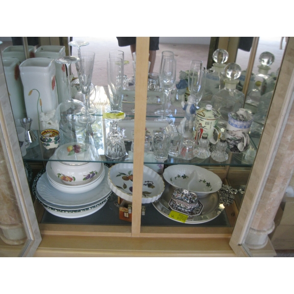 ASST. SERVING PLATES, GLASSWARE, VASES, ETC.