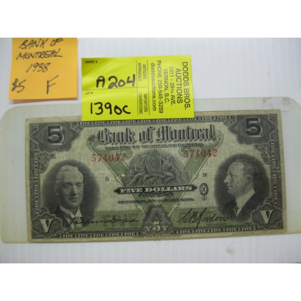 BANK OF MONTREAL 1938 $5 BILL F