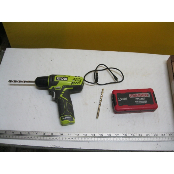 CORDLESS RYOBI DRILL - NO CHARGER - & A MOTOMASTER JUMP STARTER - MISSING PARTS