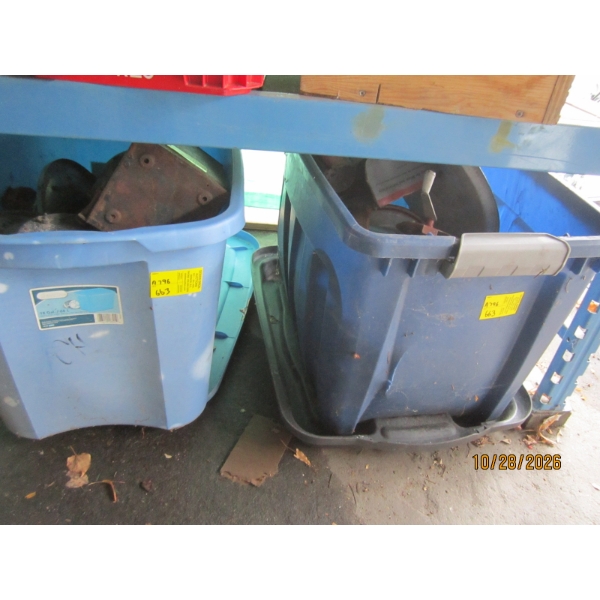 2 BINS MISC. VINTAGE COLLECTABLES - TINS, GAUGES, ETC.