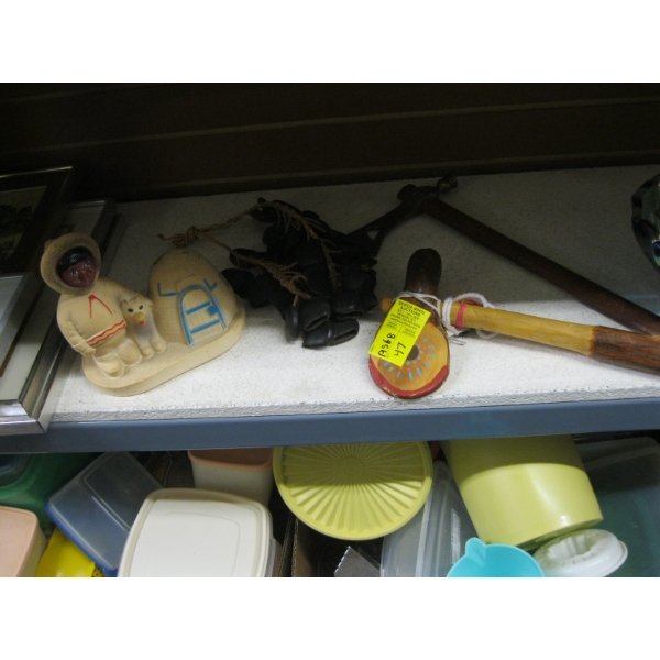 PLASTIC INUIT FIGURINE W/IGLOO, DECORATIVE HATCHET, ETC.