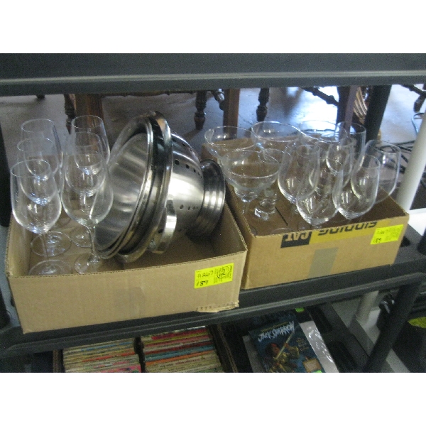 2 BOXES OF MISC. WINEGLASSES, STAINLESS MIXING BOWLS, ETC.