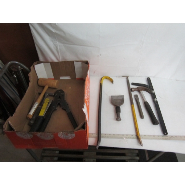 BUNDLE OF ASST. HAMMERS, CROW BAR, STAPLER, ETC.