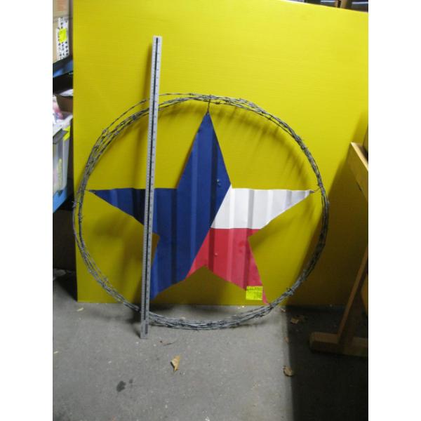 ROUND METAL RED, WHITE & BLUE STAR W/BARB WIRE  CIRCLE
