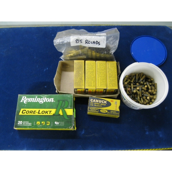 ASST. ITEMS: 30.06 BRASS, 5 NEW VINTAGE CIL 22 LONG RIFLE SHELLS & CONTAINER OF 22 SHELLS