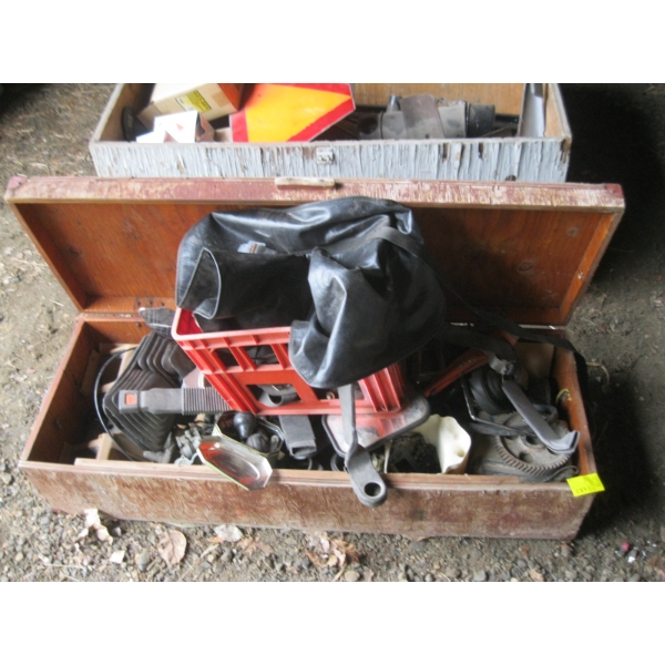 WOODEN CRATE W/ASST. CAR PARTS
