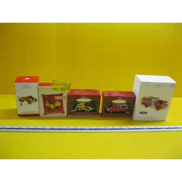 5 HALLMARK KEEPSAKE CHRISTMAS TREE FIRE TRUCKS & BIG EQUIPMENT ORNAMENTS