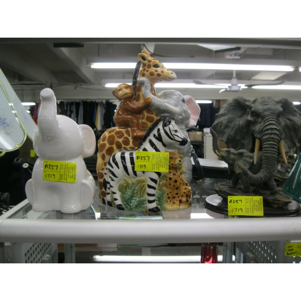 2 ELEPHANT FIGURINES & A COOKIE JAR