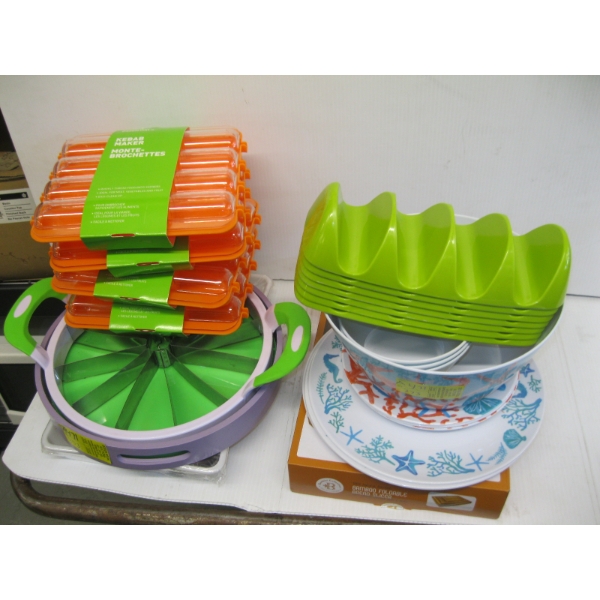 MISC. CUTLERY SET, KABOB TRAYS, PLASTIC BOWLS/PLATES, ETC.