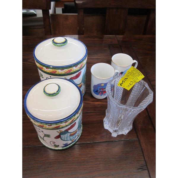 CRYSTAL VASE, CANNISTERS & 2 MUGS